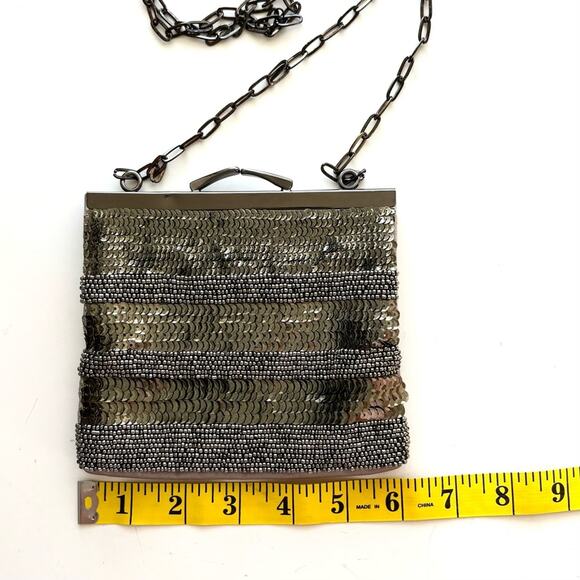 Gold Sequin Evening Bag, Beaded Clutch, Taupe Fabric, Chain Strap, 5 x 6 - Picture 8 of 9